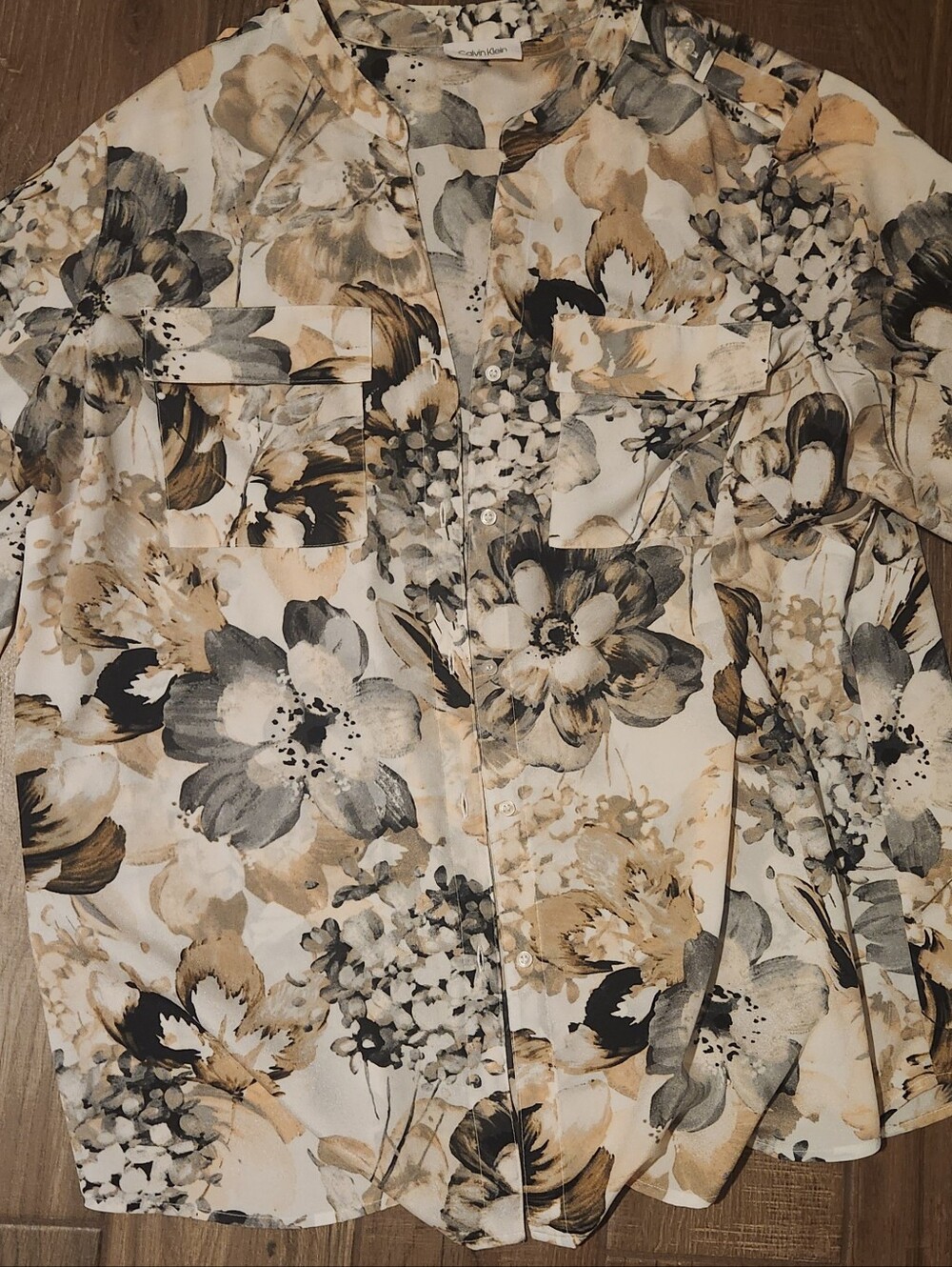 Calvin Klein Floral Tunic Blouse in Cream, Gray & Tan